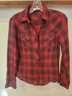 GAP 100% Cotton Red Plaid Button-Down Shirt With Ruffles